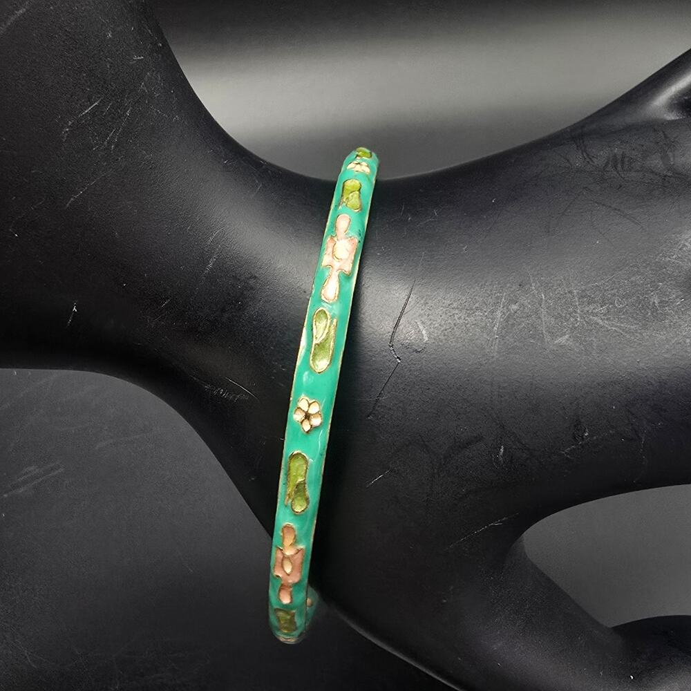 Cloisonne Green Floral Bangle Bracelet Vintage Costume Jewelry